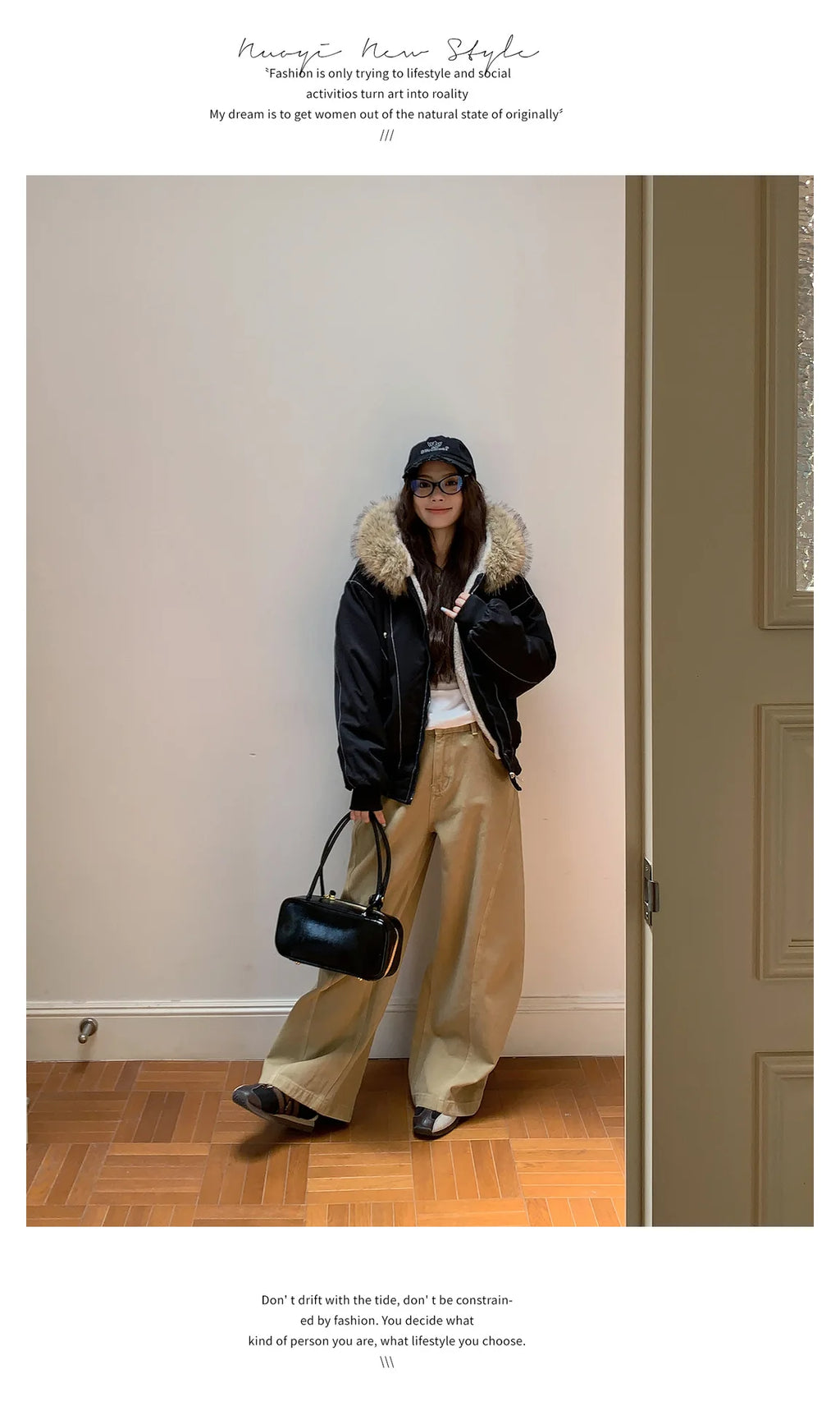 Women Short Parkas Coat Solid Jacket Big Fur Collar Hooded Zipper Pocket Long Sleeve Loose Casual Office Lady 2025 Autumn Winter