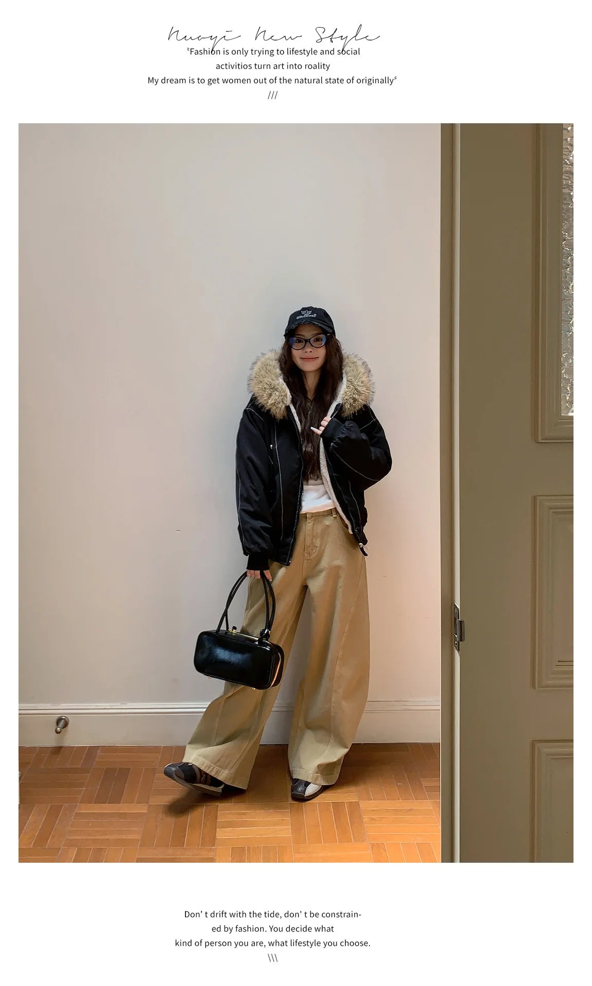 Women Short Parkas Coat Solid Jacket Big Fur Collar Hooded Zipper Pocket Long Sleeve Loose Casual Office Lady 2025 Autumn Winter