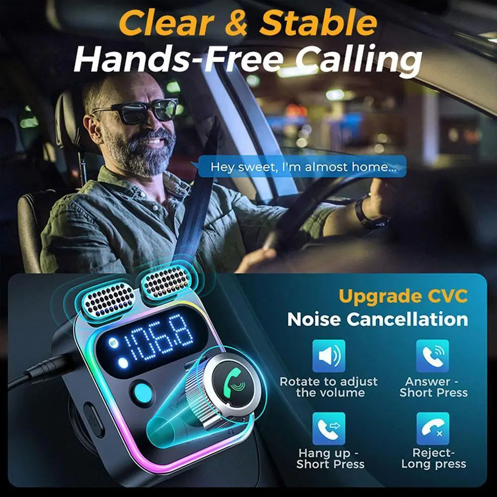 Car Bluetooth 5.2 FM Transmitter 48W PD&QC3.0 Dual Charger Wireless Adapter with Dual Mics Deep Bass Sound for Vehicle