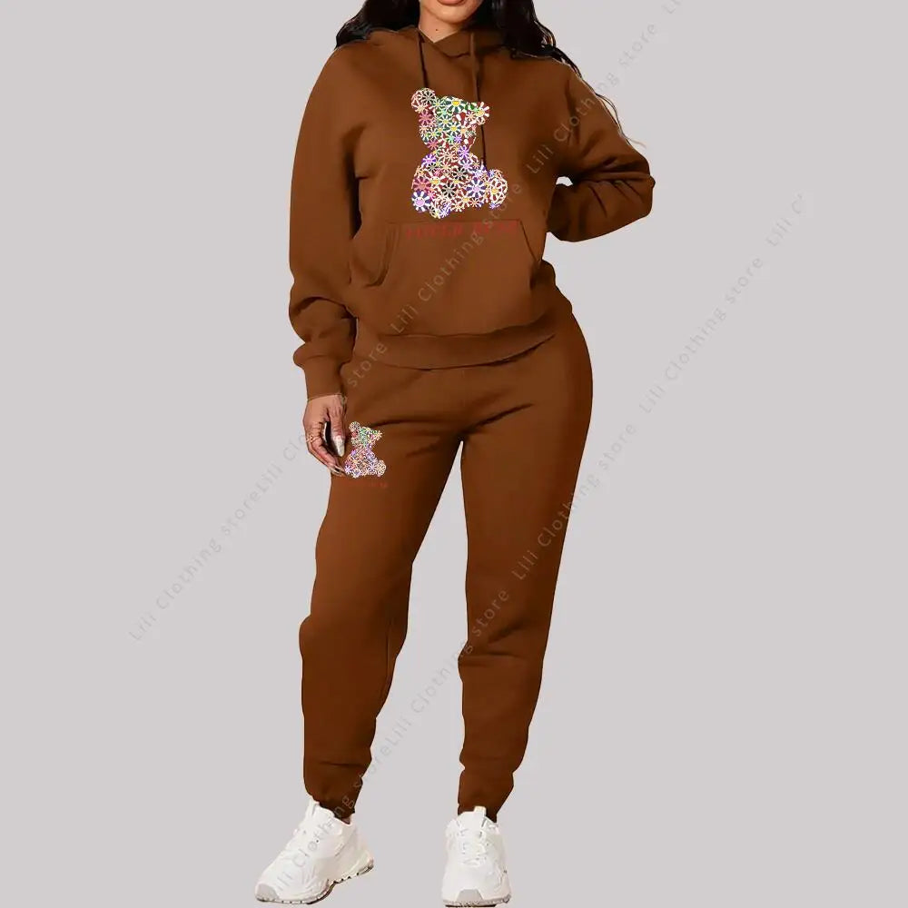 Women’s Hoodie and Sweatpants Set Casual Tracksuit Bear Graphic Outfit