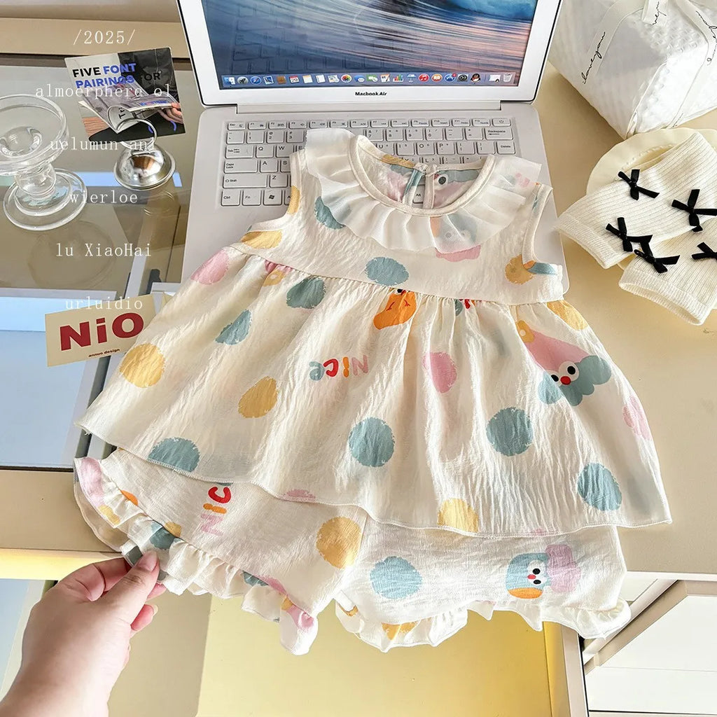 Two-Piece Set  Sleeveless Princess Dress with Floral Print, Summer Thin Outfit for Baby Girls Baby Girl Cute