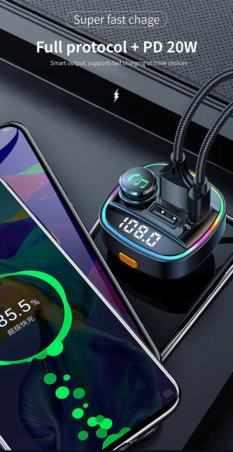 Bluetooth 5.0 FM Transmitter 22.5W USB Quick Charge Car Radio Modulator Handsfree MP3 Player with Car Adapter