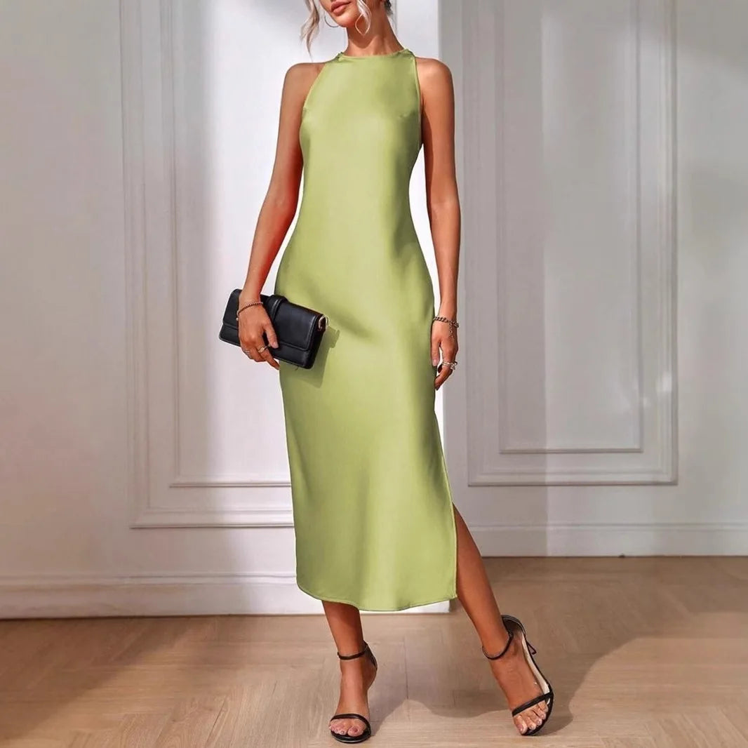 Women's Elegant Satin Sleeveless Midi Dress Solid Color O-Neck Slim Fit Fashion Ankle-Length Street Party Dress