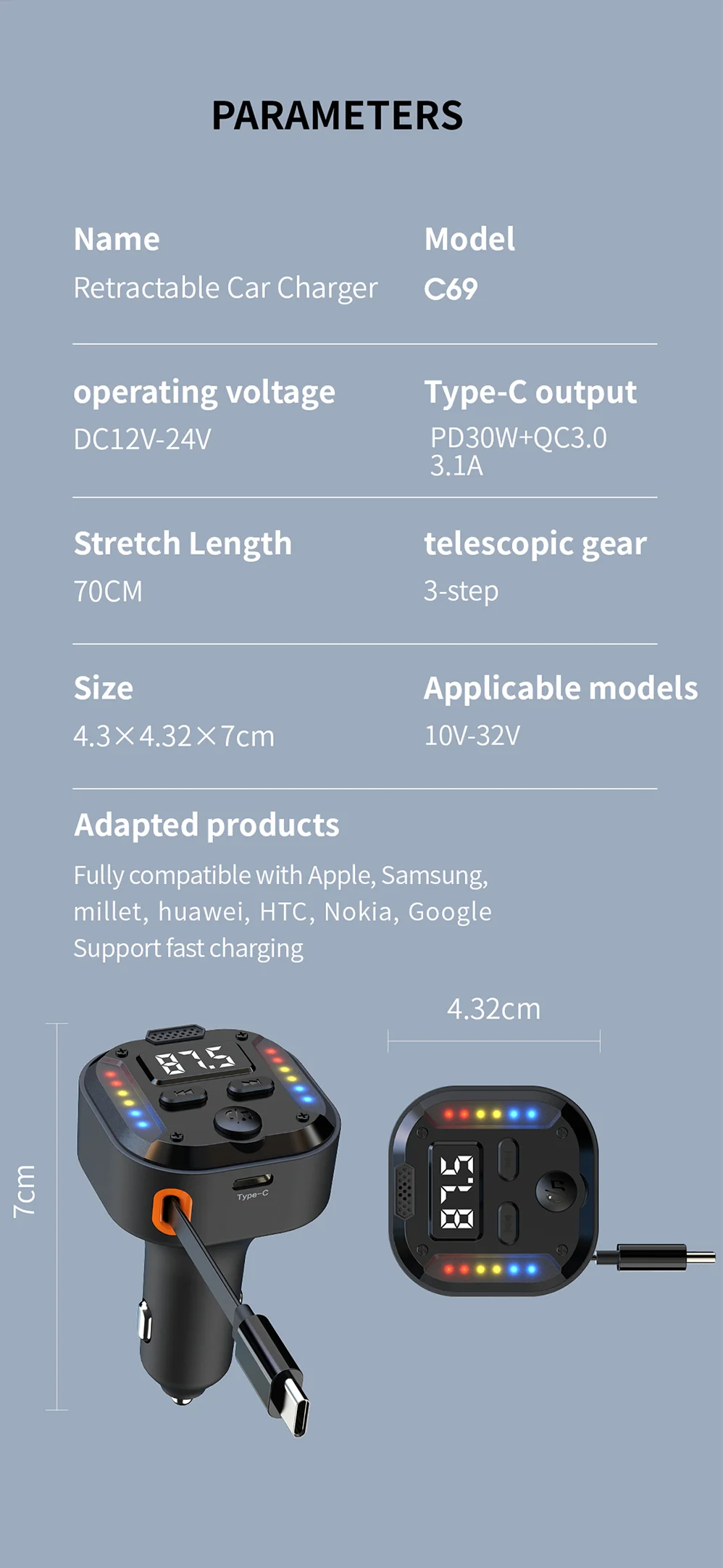 Bluetooth 5.3 FM Transmitter Handsfree Car AUX Radio Modulator MP3 Player with QC3.0 & PD30W Fast Charge Adapter Car Accessories