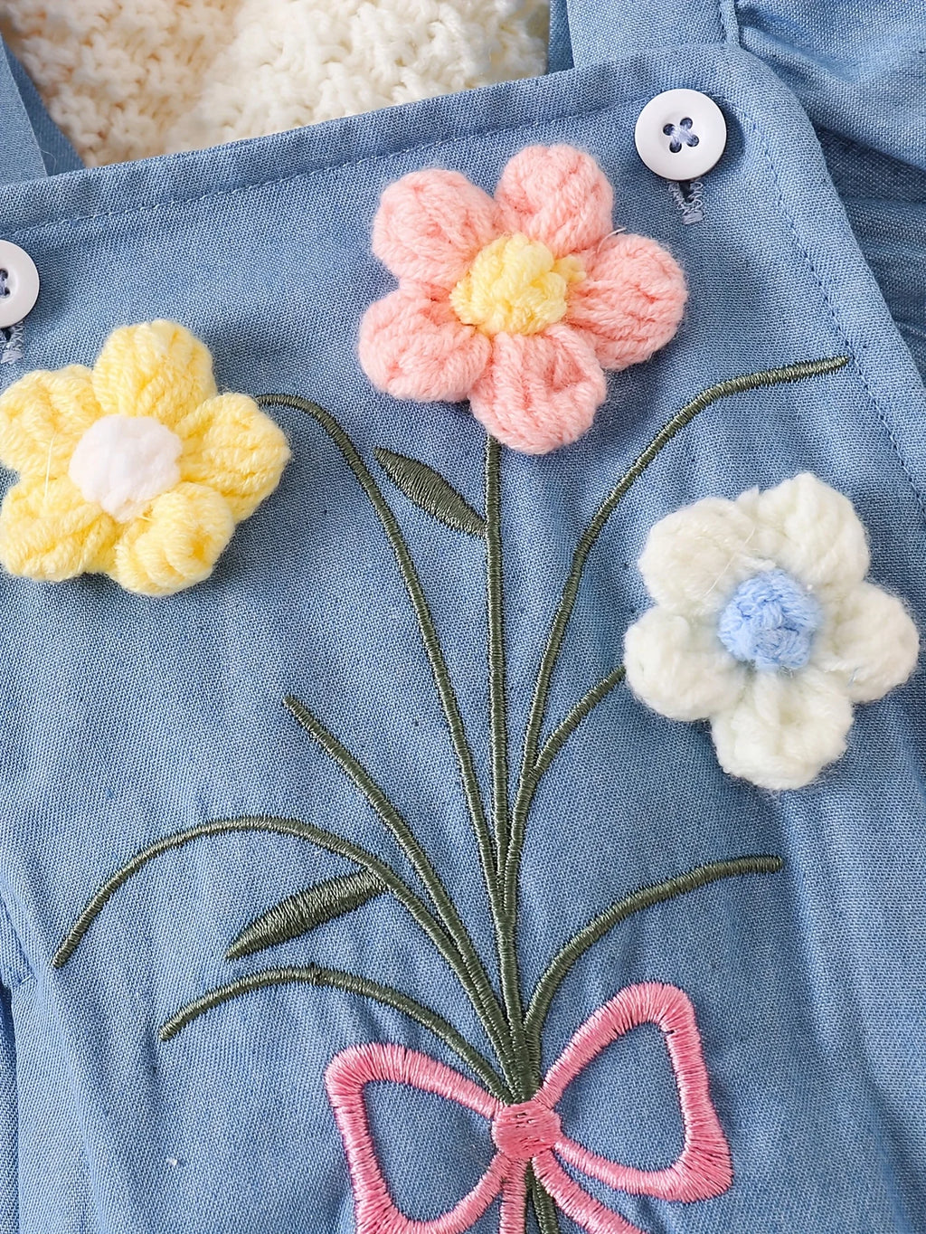 Baby Girl Soft Denim 3D Flower Embroidered Flutter Overall Romper + Bow Headband, Cute 2-Piece Outfit