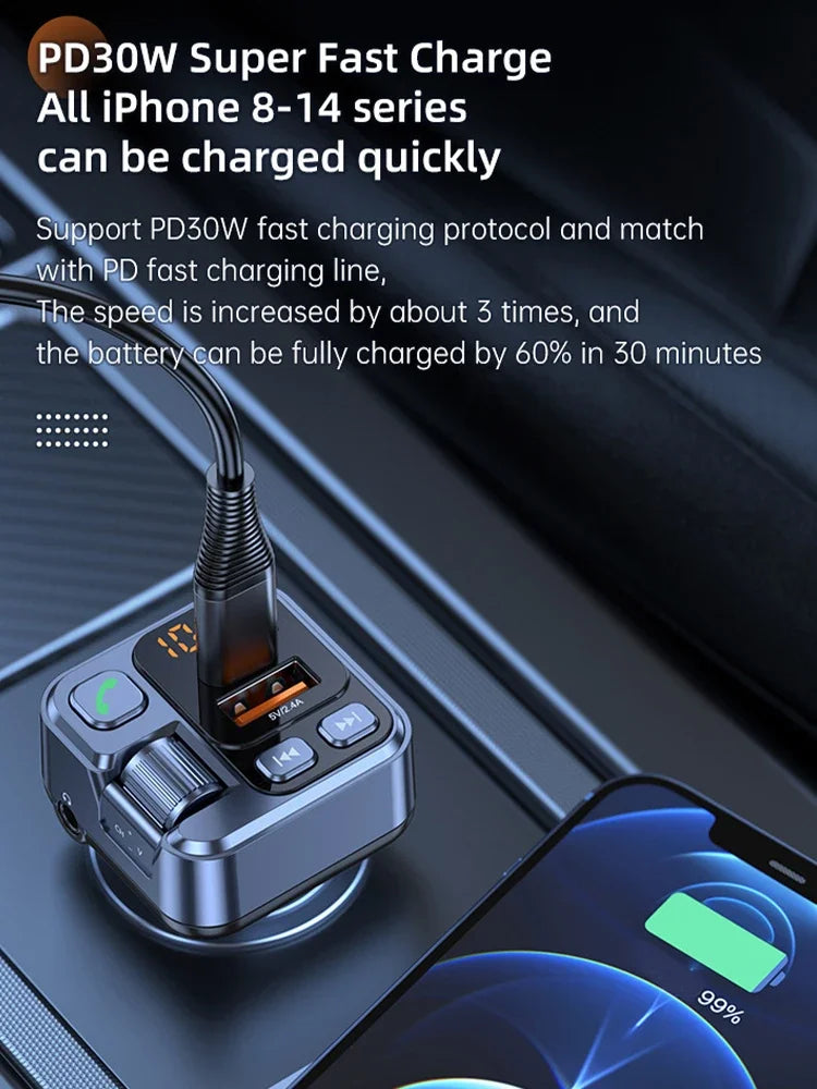 Car Bluetooth FM Transmitter Wireless Hands-Free Call MP3 Player Support Fast Charging Radio with Mic