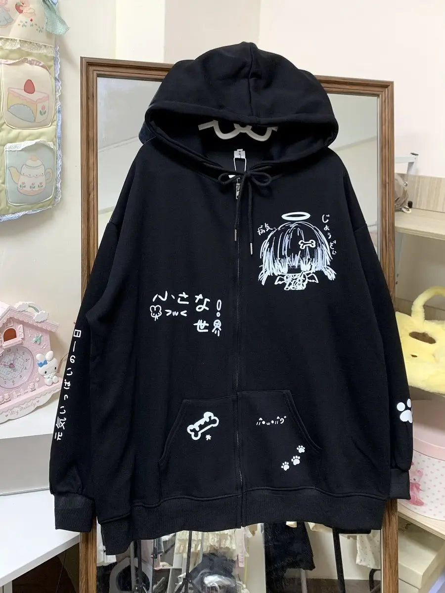 Autumn Japanese Kawaii Cute y2k Aesthetics Patchwork Sweatshirt women Cartoon Anime Print Harajuku Retro Streetwear Jacket Tops