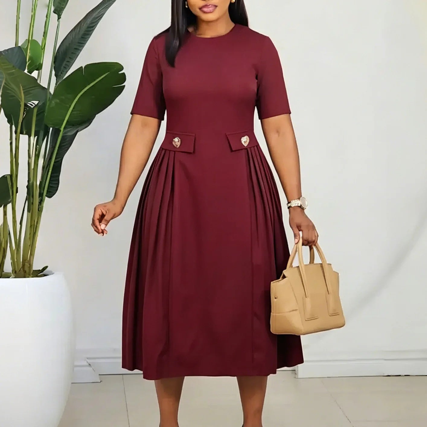 Elegant Women Solid A Line Dress O Neck and Short Sleeves Button High Waist Folds Office Party Formal Events Causal Occasions