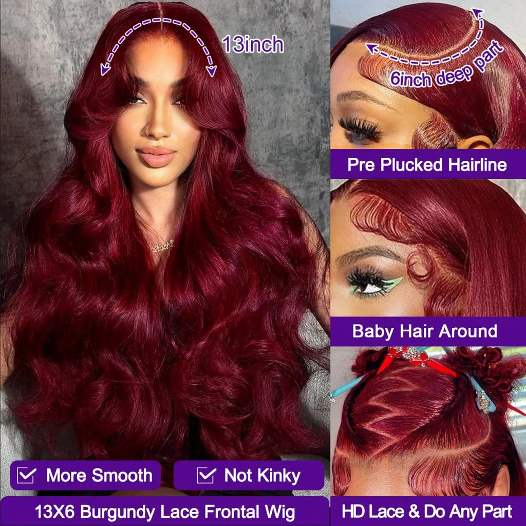 40 42 Inch 99J Burgundy Hd Lace Frontal Wig 13X6 200 Density Brazilian Body Wave Human Hair Wig Red Colored Hd Lace Front Wigs