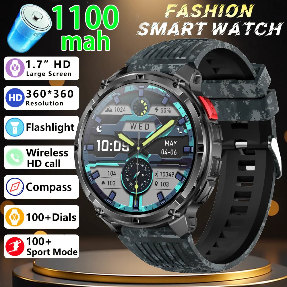 Men Smart Watch 1.7inch LED Flashlight HT33 BT Calling Outdoor Sports Compass Health Monitoring 1100mAh Large Battery Smartwatch