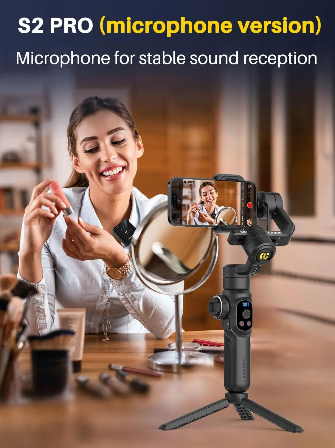 Smartphone Gimbal Stabilizer with Wireless Mic, Built-in Light & Extension Rod for iPhone Android Video Recording