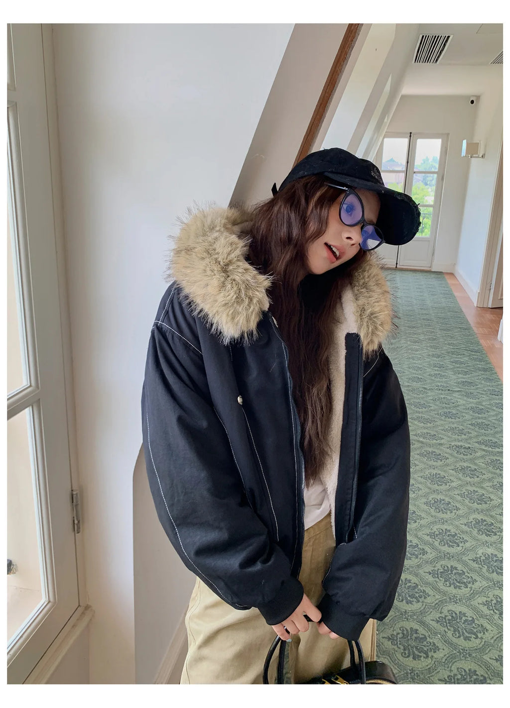 Women Short Parkas Coat Solid Jacket Big Fur Collar Hooded Zipper Pocket Long Sleeve Loose Casual Office Lady 2025 Autumn Winter