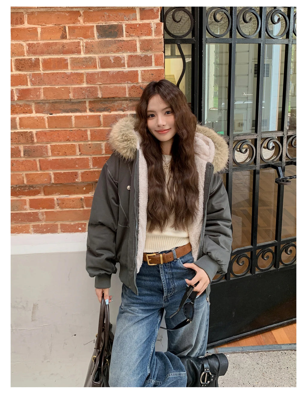 Women Short Parkas Coat Solid Jacket Big Fur Collar Hooded Zipper Pocket Long Sleeve Loose Casual Office Lady 2025 Autumn Winter
