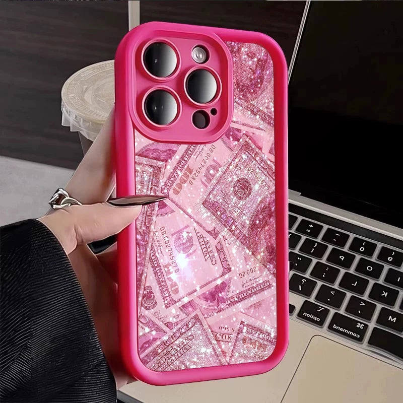 Pink Dollars Full-Coverage Banknote Design Silicone Phone Case For iPhone 17AIR 16 15 14 13 12 11PROMAX Cover