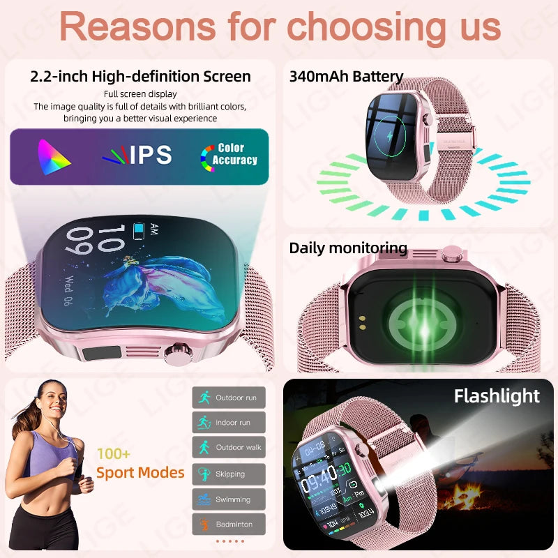 New 2.2-inch AMOLED Screen Smart Watch Women LED Light Health Monitor Smartwatch Bluetooth Call Sports Fitness Ladies Watch