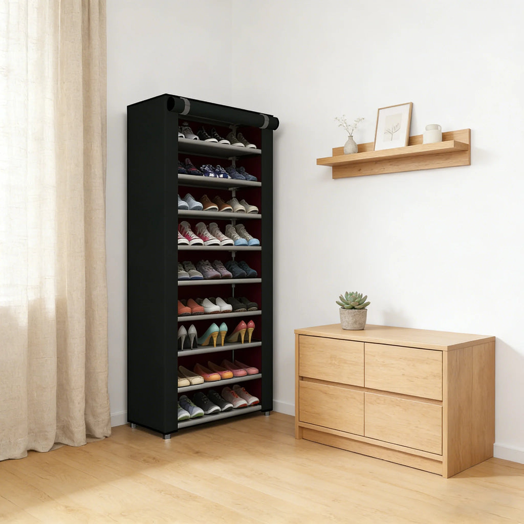 6-10 Tier Black Multi-Layer Shoe Rack, Equipped with a Dust-Proof Rolling Shutter Door, Easy to Assemble, Space-Saving Home Storage Cabinet, Suitable for Entryways, Hallways, Bedrooms, Living Rooms, Homes, Dormitories, Etc.