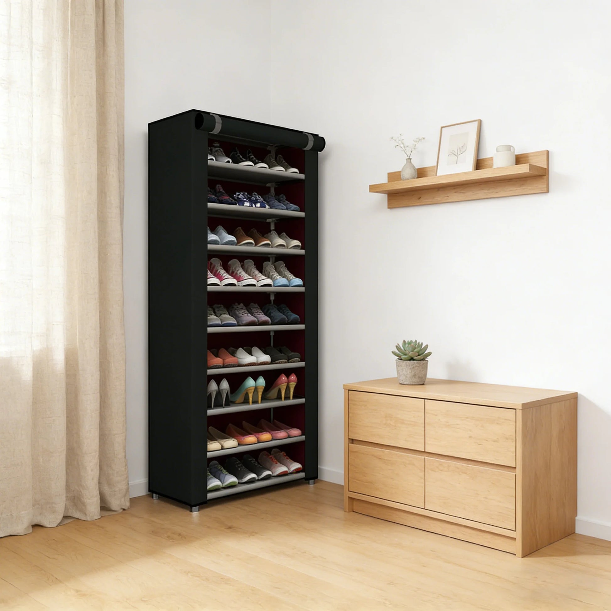 6-10 Tier Black Multi-Layer Shoe Rack, Equipped with a Dust-Proof Rolling Shutter Door, Easy to Assemble, Space-Saving Home Storage Cabinet, Suitable for Entryways, Hallways, Bedrooms, Living Rooms, Homes, Dormitories, Etc.