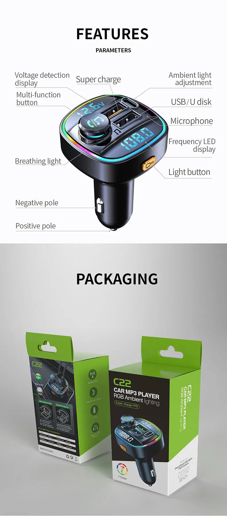 Bluetooth 5.0 FM Transmitter 22.5W USB Quick Charge Car Radio Modulator Handsfree MP3 Player with Car Adapter