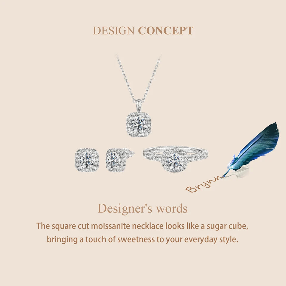 Necklace Stud Earrings 925 Sterling Silver Square Cut Diamond Wedding Engagement Jewelry Set