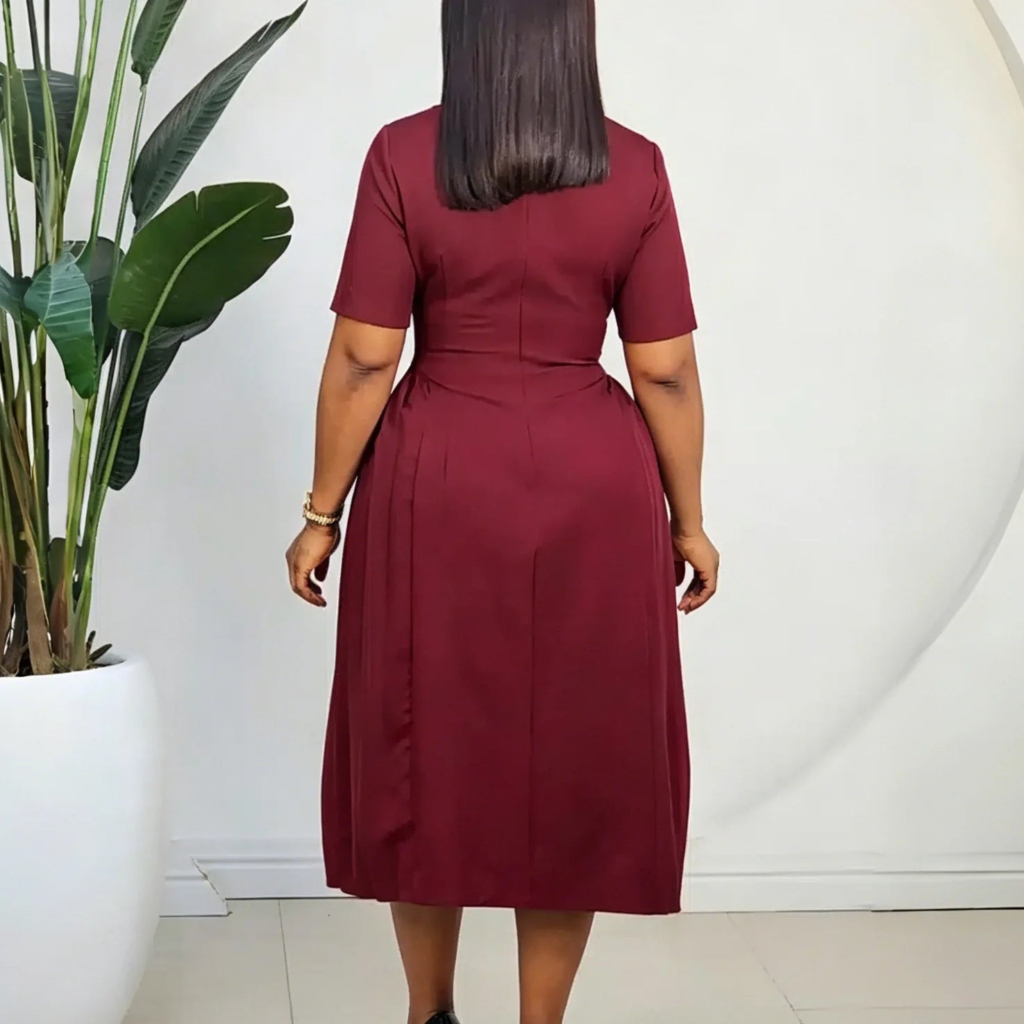 Elegant Women Solid A Line Dress O Neck and Short Sleeves Button High Waist Folds Office Party Formal Events Causal Occasions