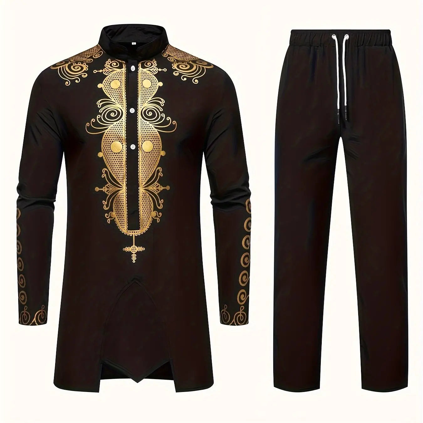 Men’s Traditional Dashiki Suit Set – 2 Piece Long Sleeve Top and Pants