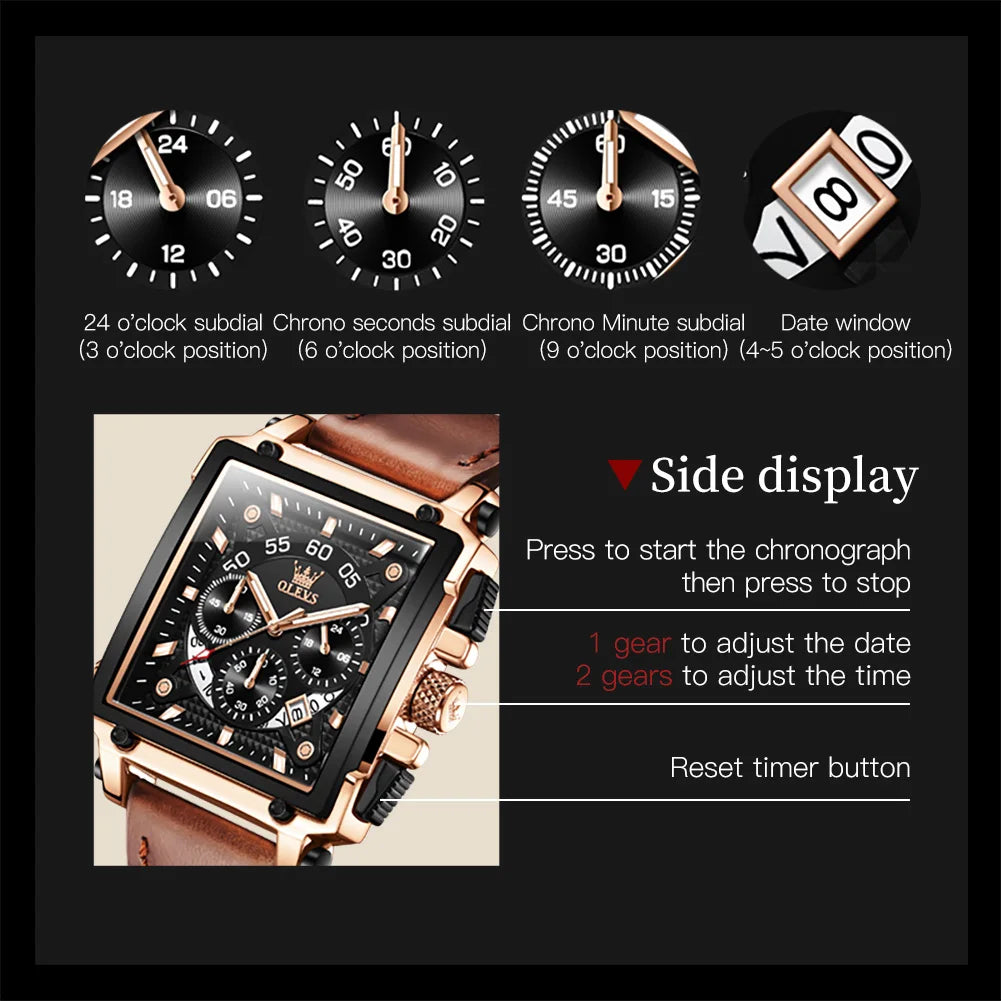 Men’s Square Dial Leather Strap Watch