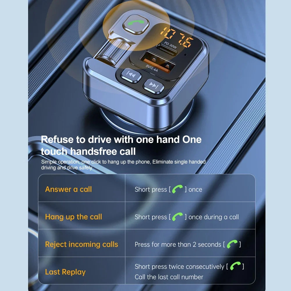 Car Bluetooth FM Transmitter Wireless Hands-Free Call MP3 Player Support Fast Charging Radio with Mic