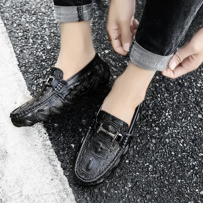 Men Casual Shoes Genuine Leather Crocodile Style Luxury Brand Mens Loafers Moccasins Slip on Black Driving Shoes Plus Size 38-47