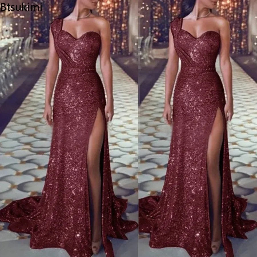 Women's Wedding Party Dress Evening Elegant Sexy Deep V Neck One Shoulder Sleeveless Sequined Long Maxi Dresses For Women