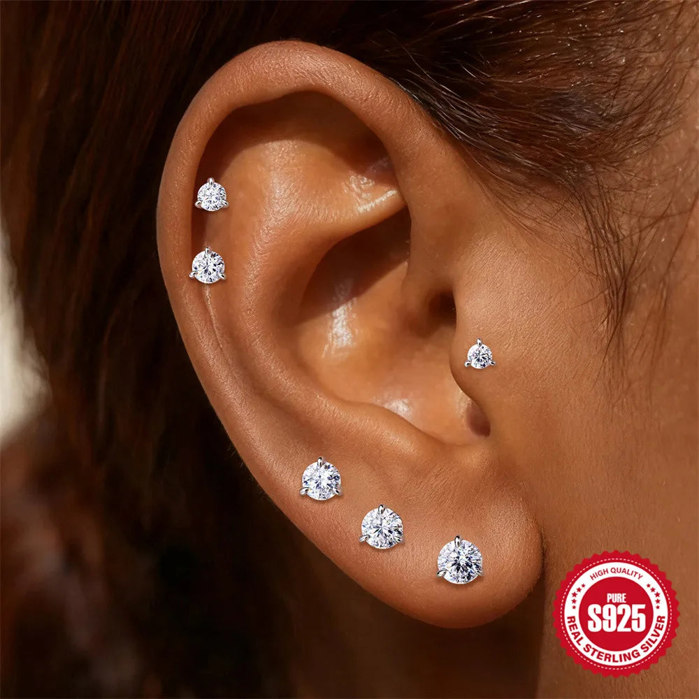 CANNER 1PC Classic Three Claws 0.03-1.2 Carat Sparkling D Color Moissanite Piercing Earring Women 925 Sterling Silver Earring