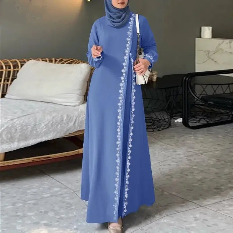 Women's Long Sleeve Lace Robe Muslim Bohemian Style Polyester Abaya Casual Ramadan Spring Vest for Adults Middle Age