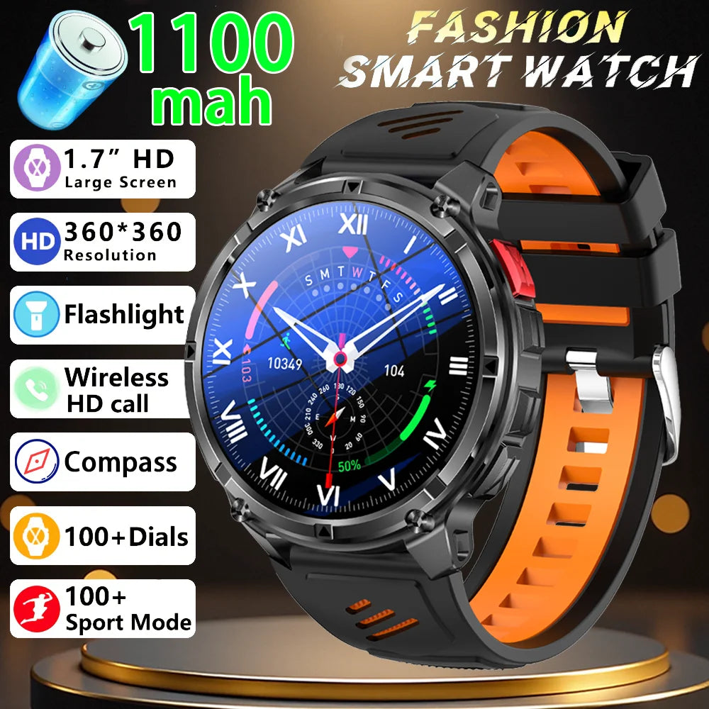 Men Smart Watch 1.7inch LED Flashlight HT33 BT Calling Outdoor Sports Compass Health Monitoring 1100mAh Large Battery Smartwatch