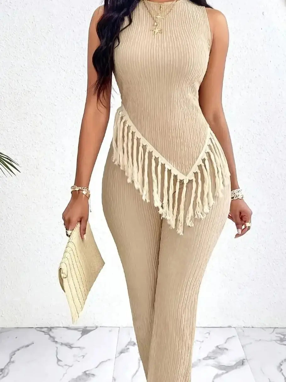 Textured suit pants set with fringed hem, asymmetrical vest, and straight-leg pants