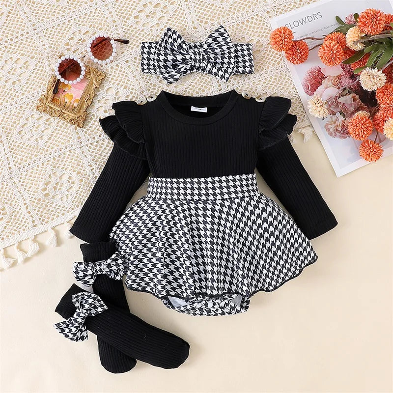 Baby Girl Spring Outfits Long Sleeve Houndstooth Print Romper Dress with Headband and Long Socks