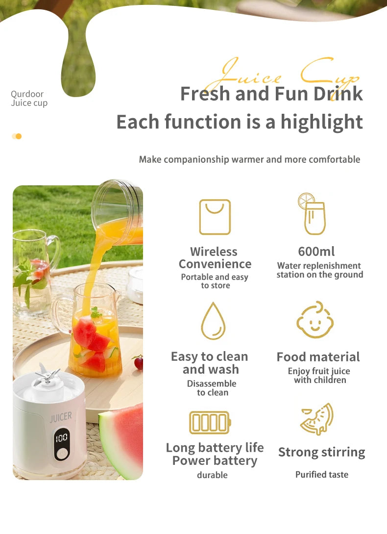 Portable Blender 600ML Electric Juicer Rechargeable 4000mAh USB Fruit Mixer Personal Smoothie Maker Outdoor Fresh Fruit Blender