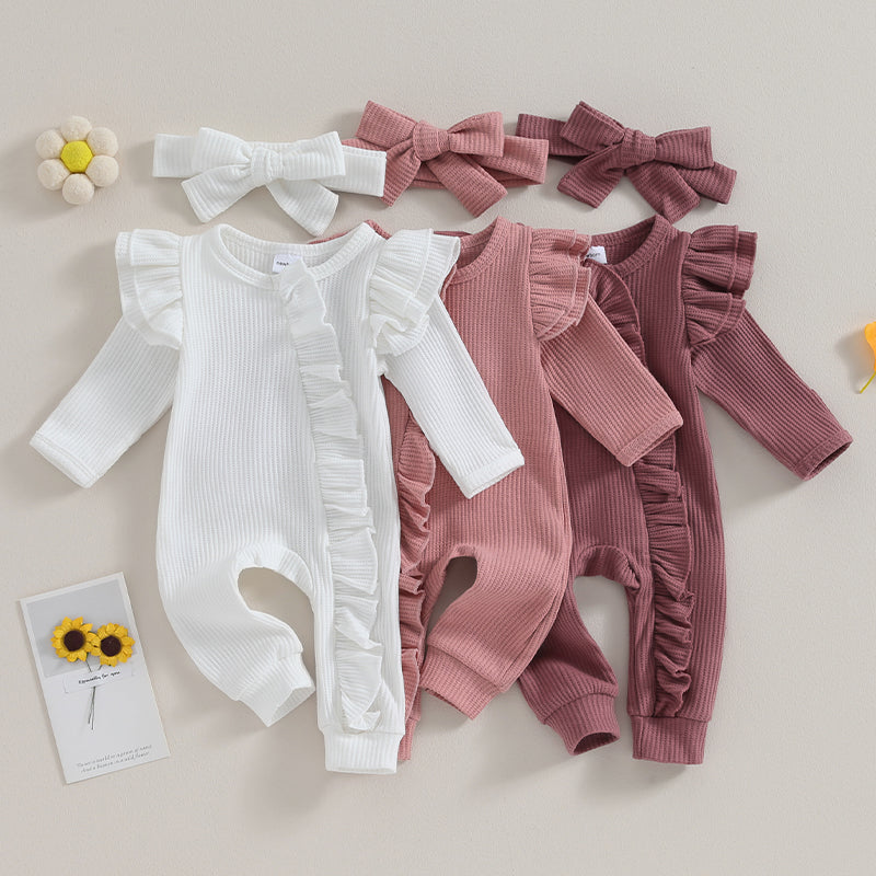Infant Baby Girl Autumn Jumpsuit Solid Color Round Neck Flying Sleeve Ruffled Zipper Romper with Bow Headband 0-12M