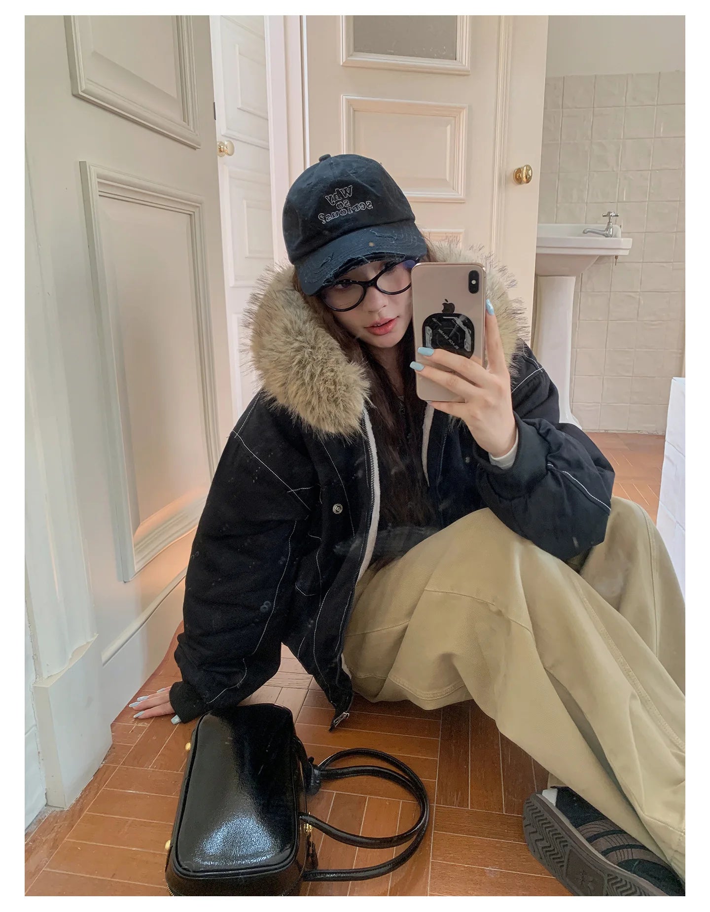 Women Short Parkas Coat Solid Jacket Big Fur Collar Hooded Zipper Pocket Long Sleeve Loose Casual Office Lady 2025 Autumn Winter
