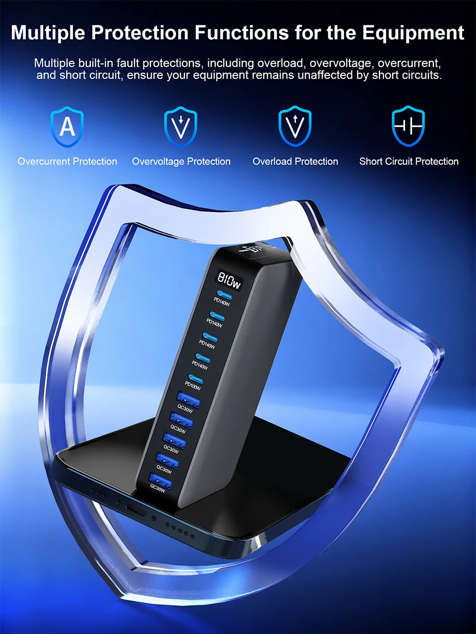810W GaN Charger USB C Fast Desktop 10-port USB Type C PD3.1 Charger Fast Charging for iPhone Samsung Xiaomi Macbook