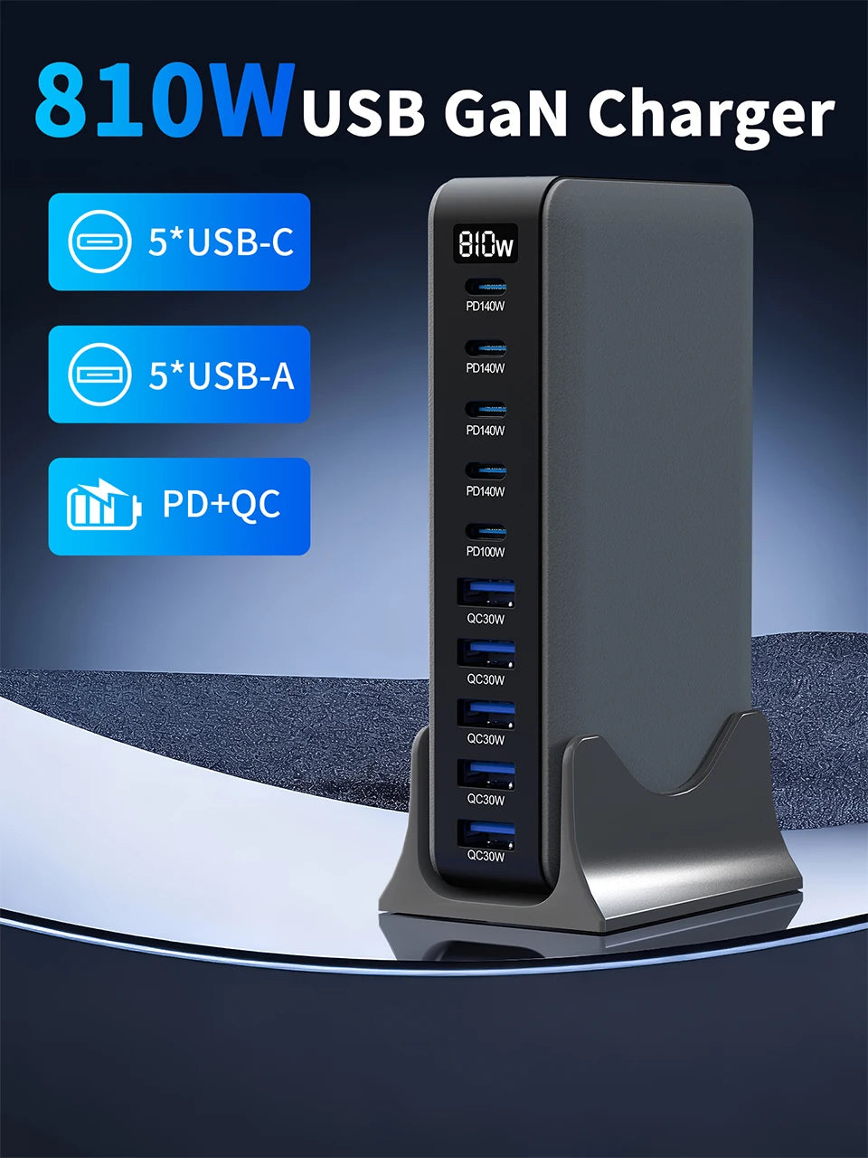 810W GaN Charger USB C Fast Desktop 10-port USB Type C PD3.1 Charger Fast Charging for iPhone Samsung Xiaomi Macbook