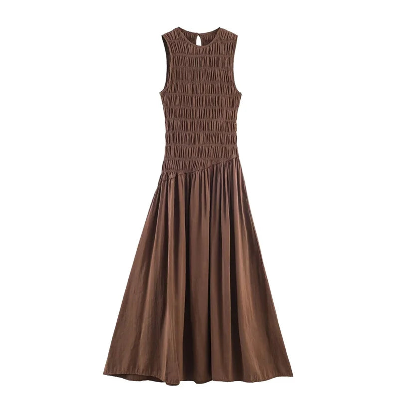 Women's French Simple Fluffy Midi Dress Sleeveless round Neck Mid-Length Casual A-Line Polyester Spring New Product