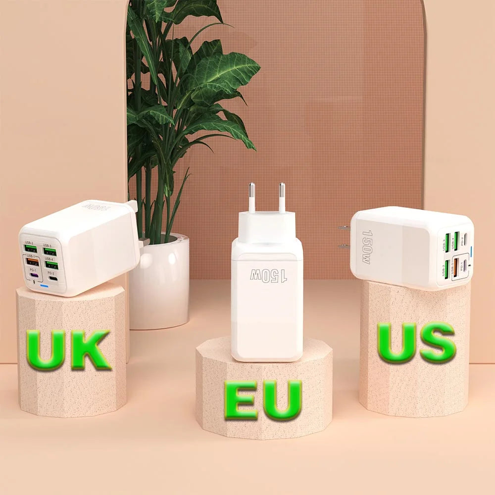 150W 6-Port USB Charger PD QC3.0 Type C Fast Charging Adapter Super Fast Charger For iPhone Samsung Xiaomi OnePlus EU/UK/US Plug