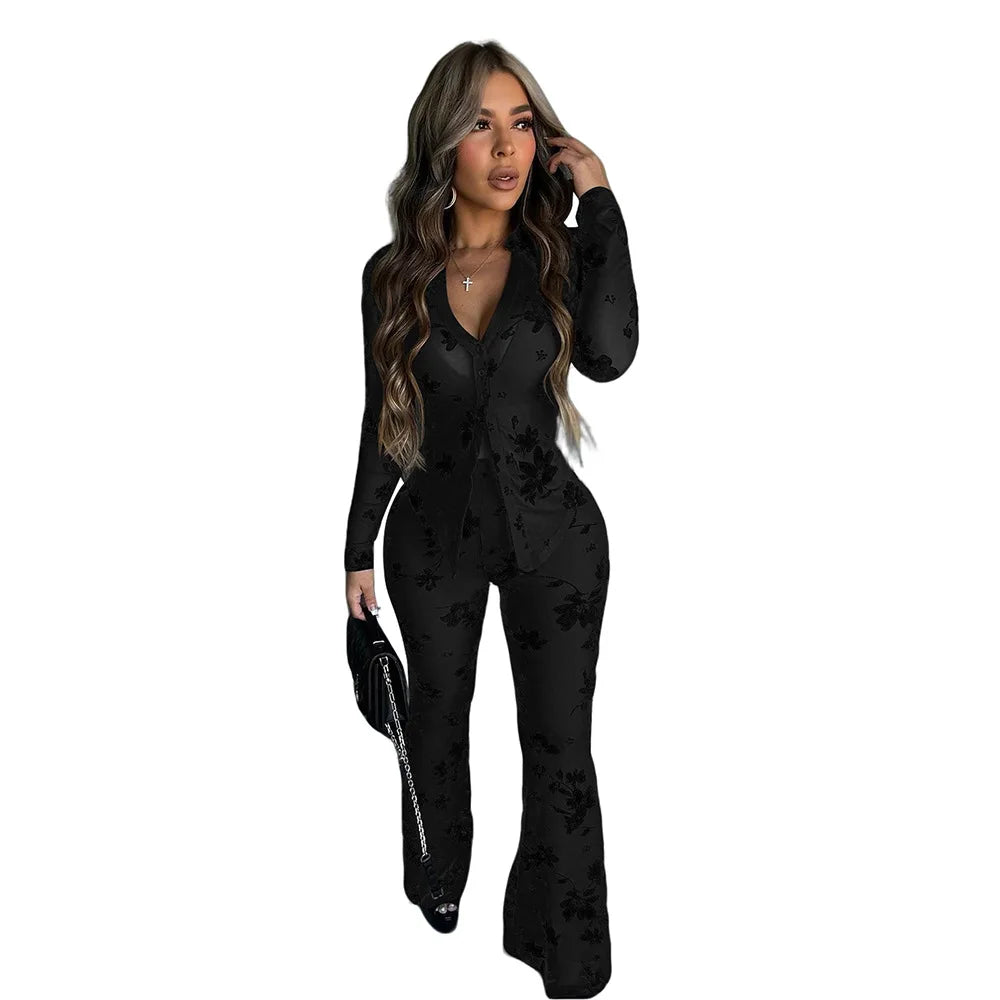 Two 2 Piece Set Women Outfits Summer Long Sleeve Shirt and Staight Pants Suit Chic Fashion Tracksuit