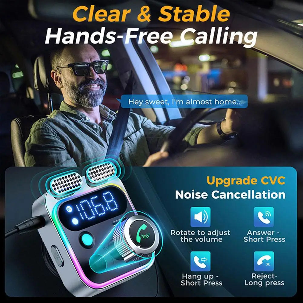 Bluetooth 5.0 FM Transmitter Car Adapter with AUX Bass Boost 3-Port Charger - Wireless Music Streaming Car Charger