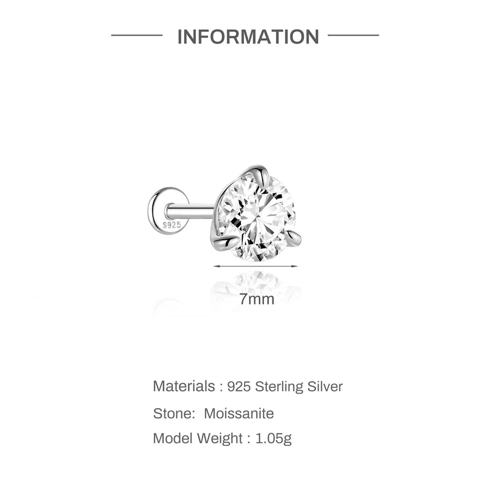 CANNER 1PC Classic Three Claws 0.03-1.2 Carat Sparkling D Color Moissanite Piercing Earring Women 925 Sterling Silver Earring