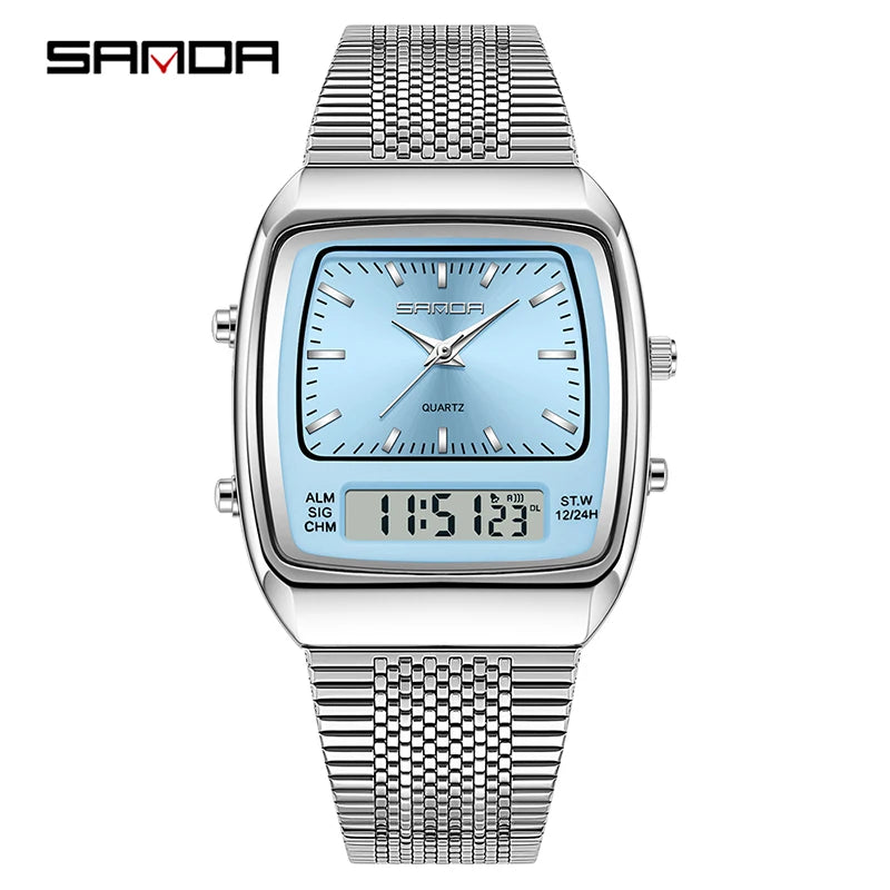 SANDA 3393 Men's Electronic Quartz Watch Fashion Multifunction Dual Display Clock Luminous Waterproof Casual Men Digital Watches