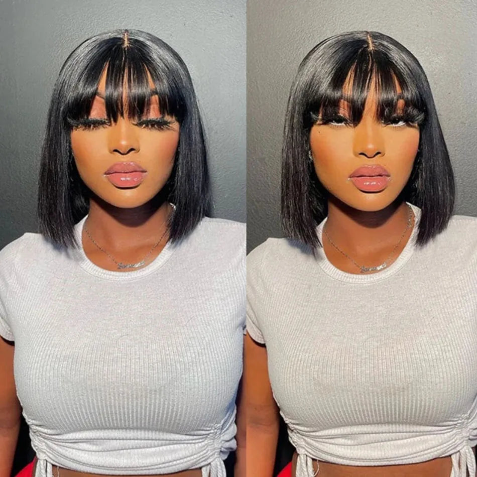 Short Bob Wig With Bangs Straight Human Hair Bob Glueless Wig Human Hair 180% Density Black Color Straight Bang Bob Wig For Women