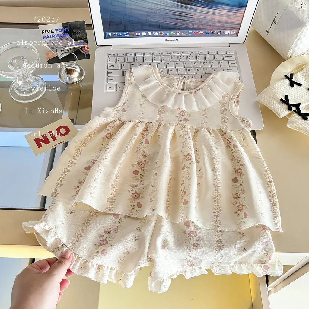 Two-Piece Set  Sleeveless Princess Dress with Floral Print, Summer Thin Outfit for Baby Girls Baby Girl Cute