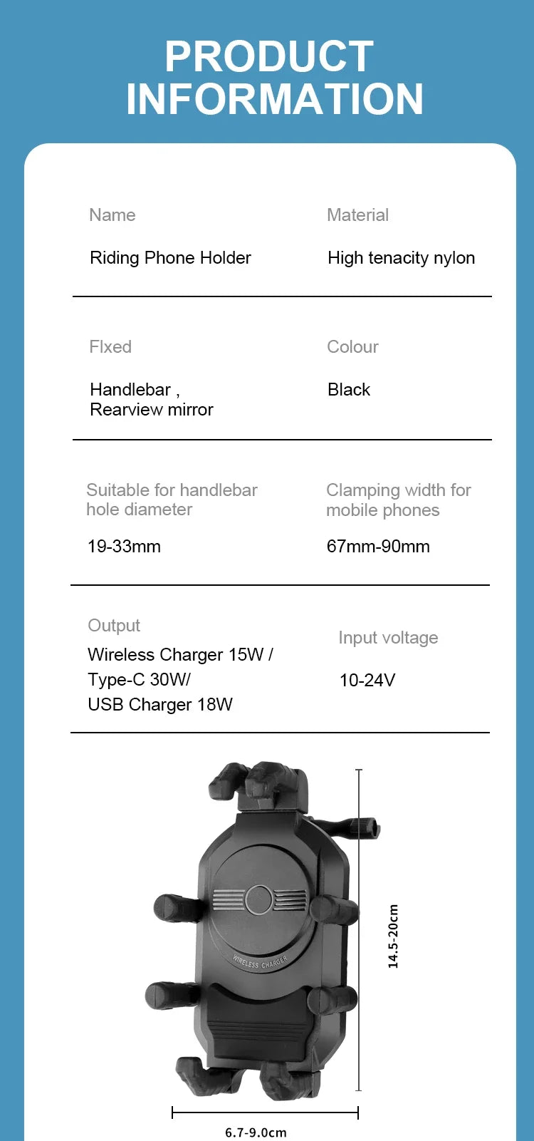Motorcycle Phone Holder 15W Wireless Charger & 18W USB 30W Type C Fast Charging Motorbike Bicycle Bike Scooter Stand