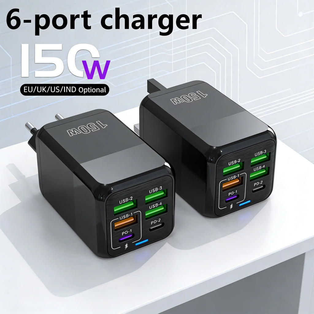 150W 6-Port USB Charger PD QC3.0 Type C Fast Charging Adapter Super Fast Charger For iPhone Samsung Xiaomi OnePlus EU/UK/US Plug