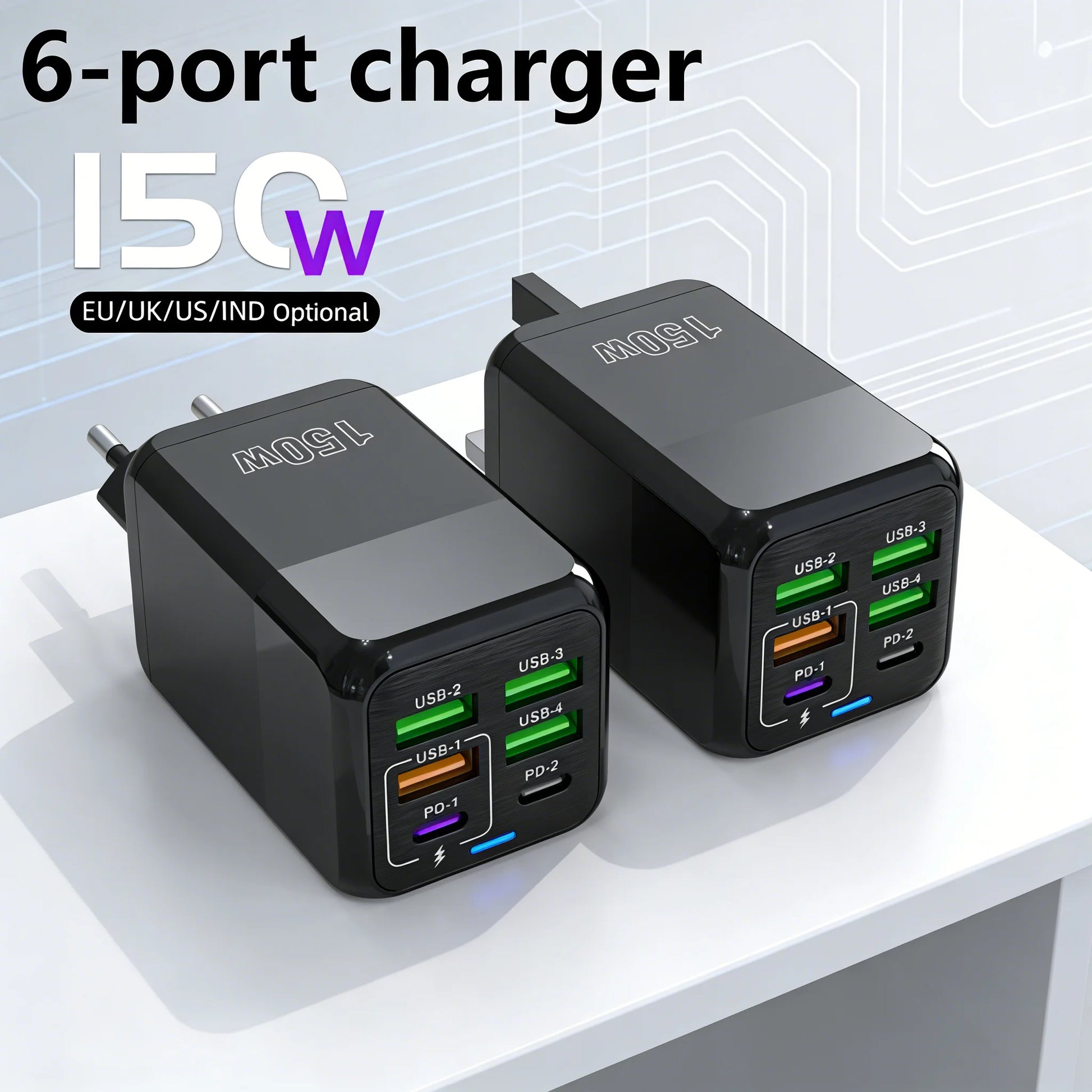 150W 6-Port USB Charger PD QC3.0 Type C Fast Charging Adapter Super Fast Charger For iPhone Samsung Xiaomi OnePlus EU/UK/US Plug